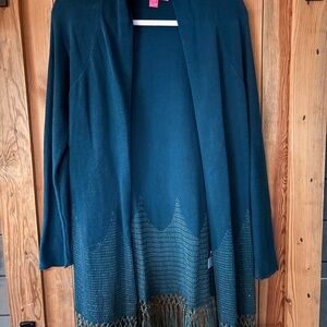 Lilly Pulitzer Open-Front Teal Fringe Knit Sweater Cardigan